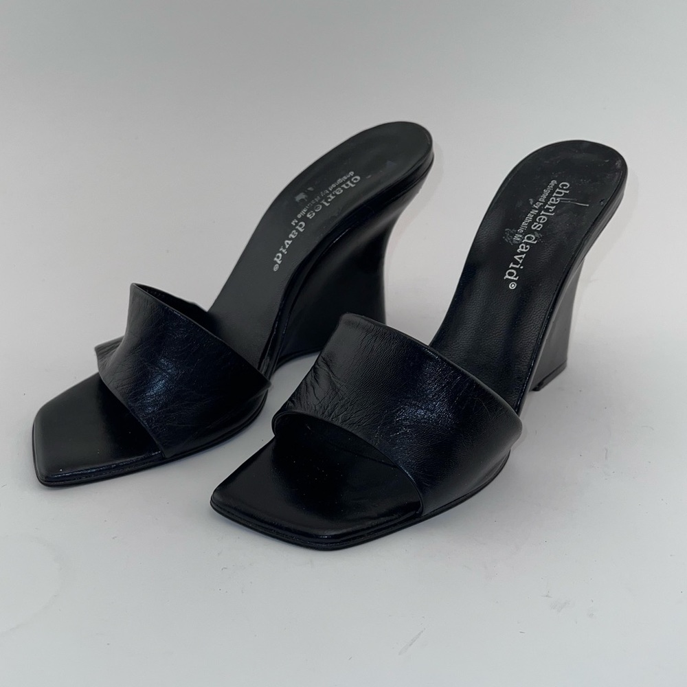Charles David Black Leather Wedge Slides Mules Size 8